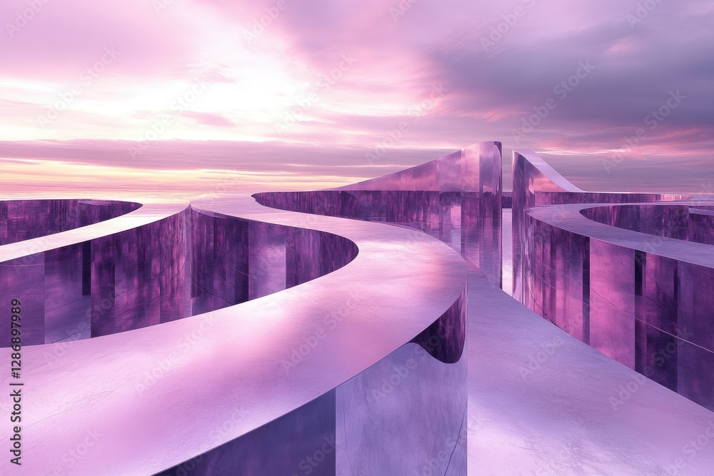 Poster abstract purple architecture under a sunset sky, reflecting light and creating a futuristic, surreal