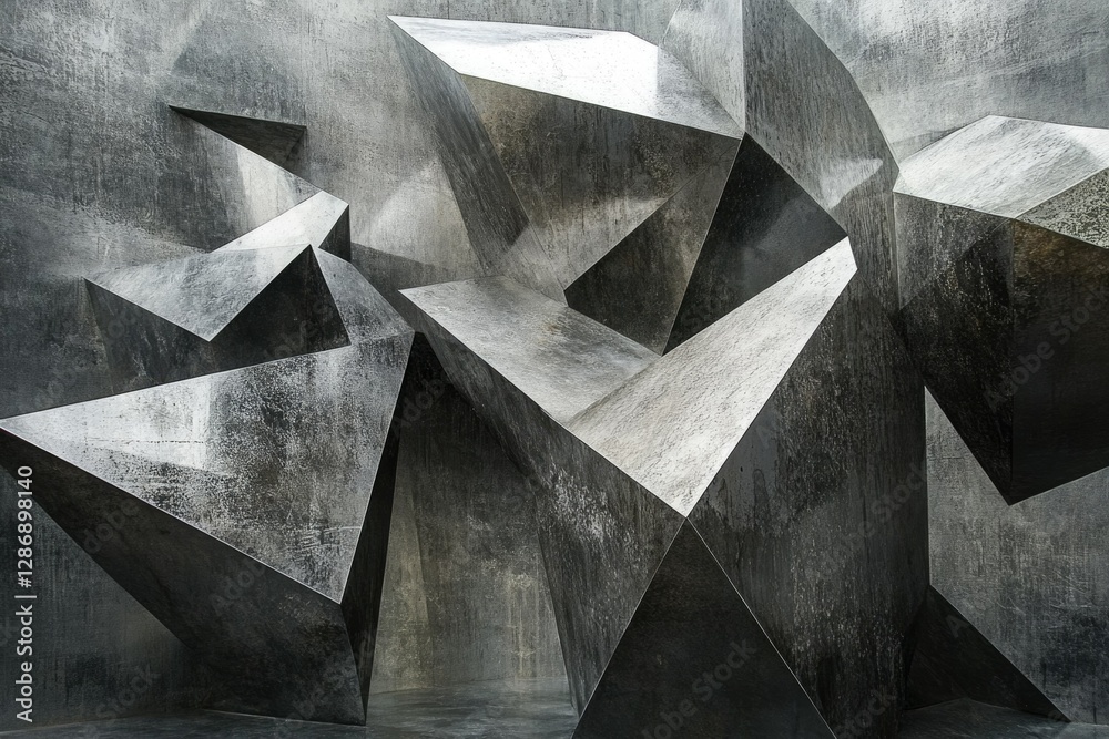 Poster abstract grayscale image showcasing a complex arrangement of geometric shapes, resembling a weathere