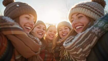Fototapeta premium Young friends gather in a winter wonderland, sharing joyful moments and laughter under the bright sun. They sport cozy winter attire, highlighting their fun adventure. Generative AI