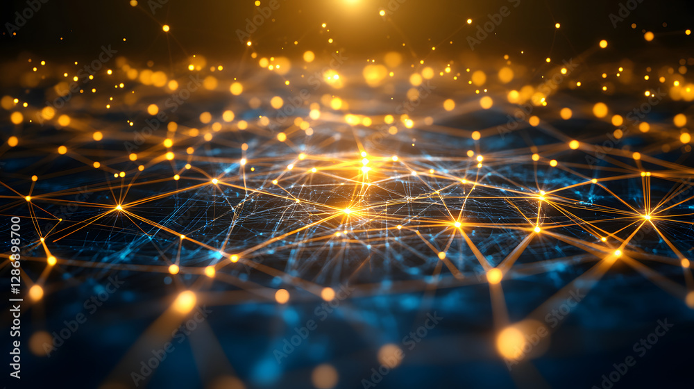 Poster abstract visualization of a network of glowing lights creating a digital and technological atmospher