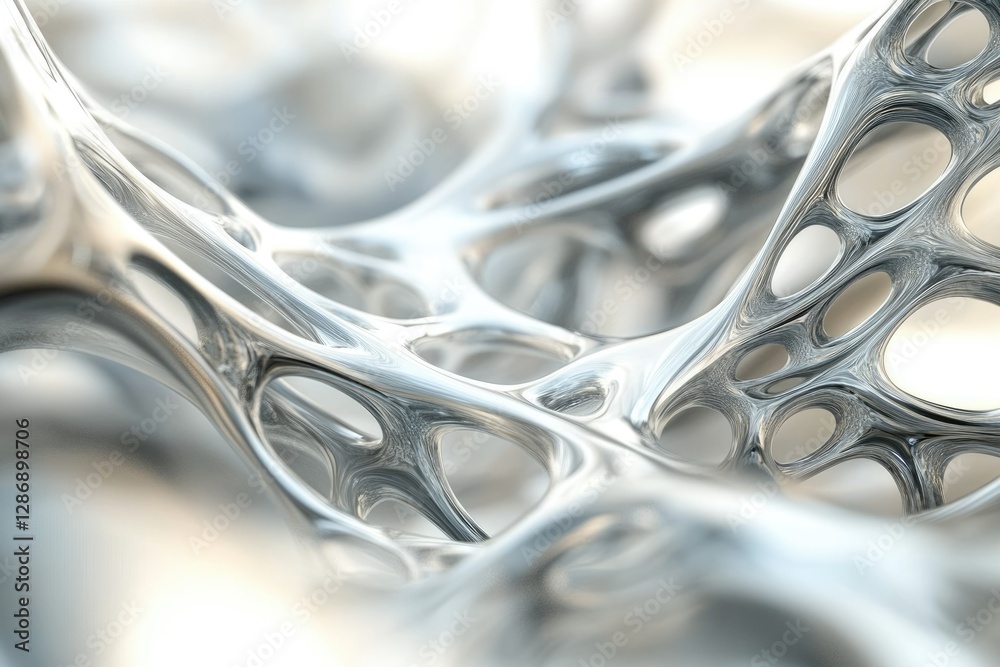 Aufkleber abstract 3d rendering of a silver, metallic, organic, interconnected structure with holes.