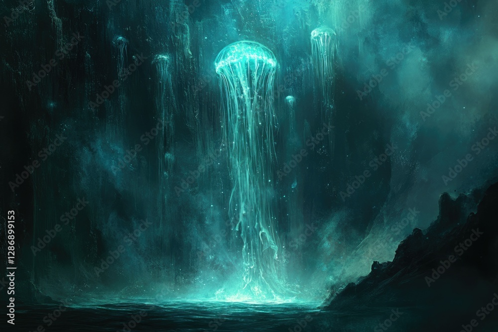 Poster glowing jellyfish illuminate a dark, underwater cave, creating a mystical and ethereal scene.