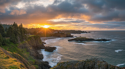 The sun setting over the Pacific Ocean as seen from Depoe Bay, Oregon