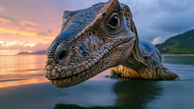 Ancient creature: video showcasing dinosaur, capturing essence of prehistoric life, majestic movements, fascinating world of extinct species in vivid, dynamic detail.