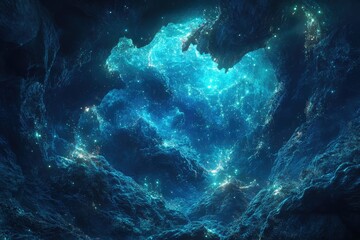 A mesmerizing digital artwork depicting a glowing, celestial landscape resembling a deep underwater cavern with bright, ethereal lights.