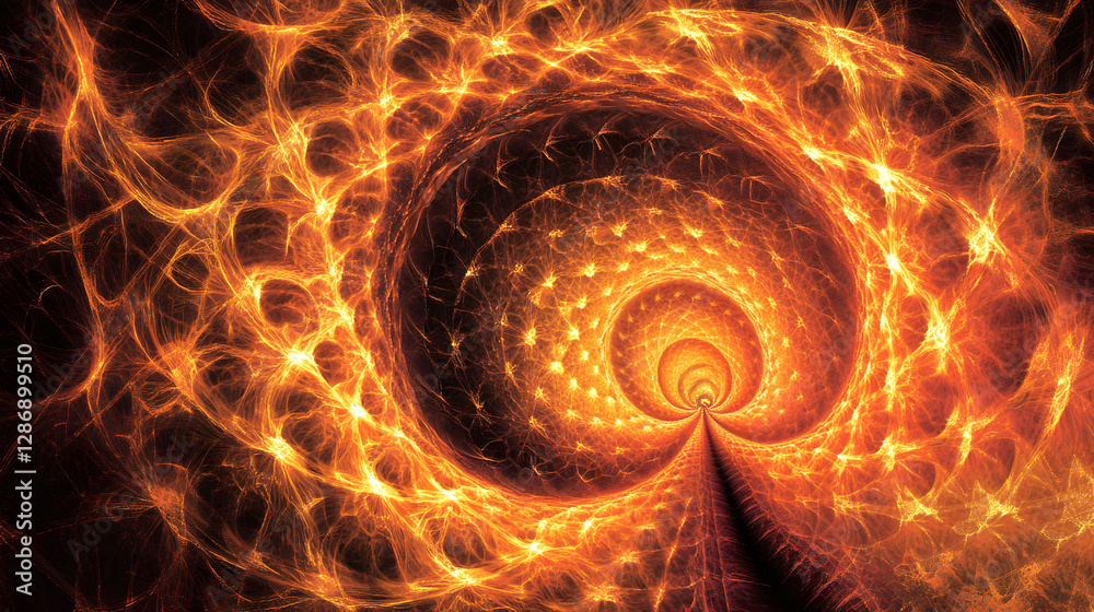 Poster abstract visualization of a colorful spiral pattern with fire elements and tulip shapes in a dynamic