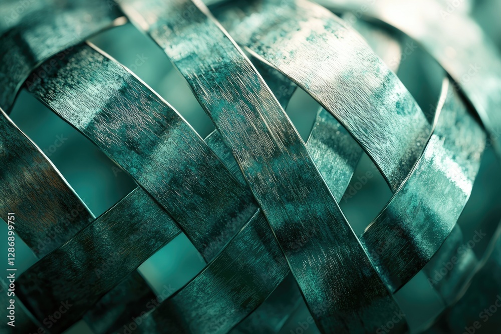 Aufkleber close-up of a teal metallic woven sphere, showcasing intricate textures and patterns.