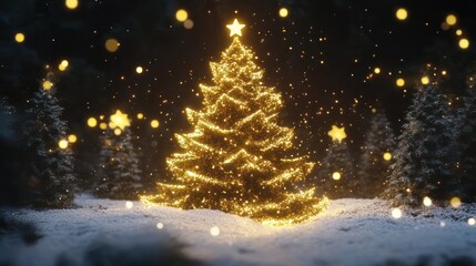 Obraz premium Golden Glittering Christmas Tree In Snowy Forest