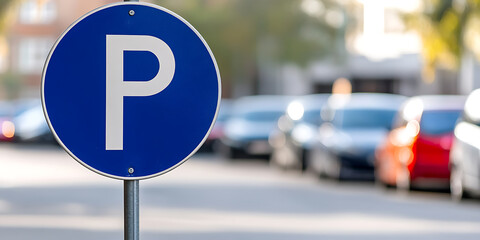 Parking sign along a city street. Motor vehicles are in the background. Parking available here. Street parking. Space available.