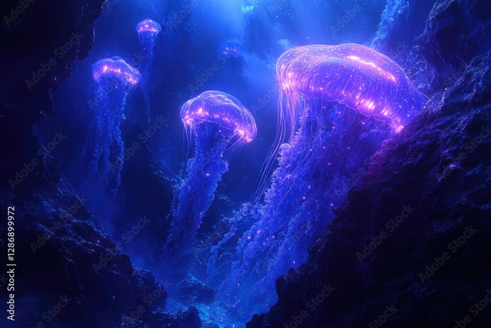 Poster glowing bioluminescent jellyfish illuminate a dark underwater cave, creating a magical scene.