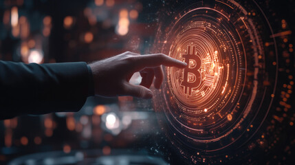Bitcoin Cryptocurrency Futuristic Hand Interacting with Digital Currency