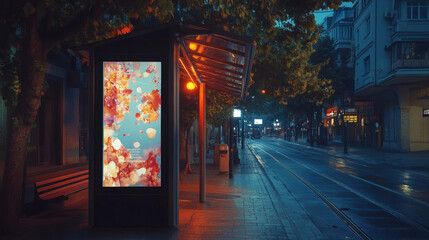 Vertical billboard mockup at a bus stop beside an empty street, designed for outdoor advertising with a lightbox on the sidewalk