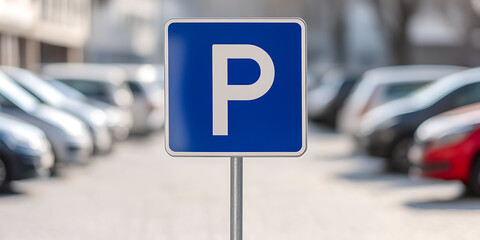 Parking Sign. Blue sign in a parking lot shows a white letter P, indicating it's a place for parking. Row of cars is parked in the background.