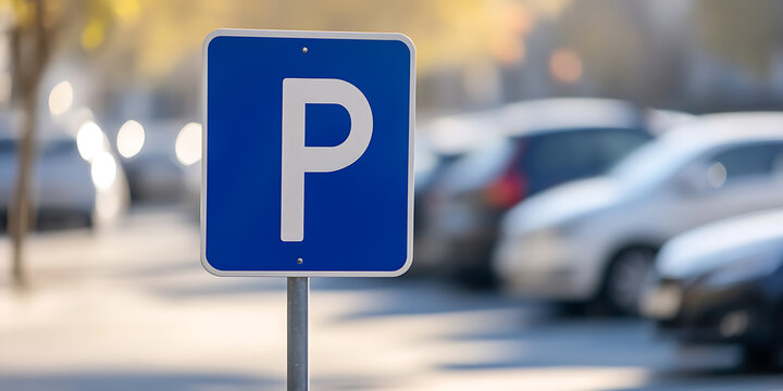 Parking space signage. Blue and white sign with letter "P". Represents designated vehicle parking with cars softly blurred in the background. Roadside setting.