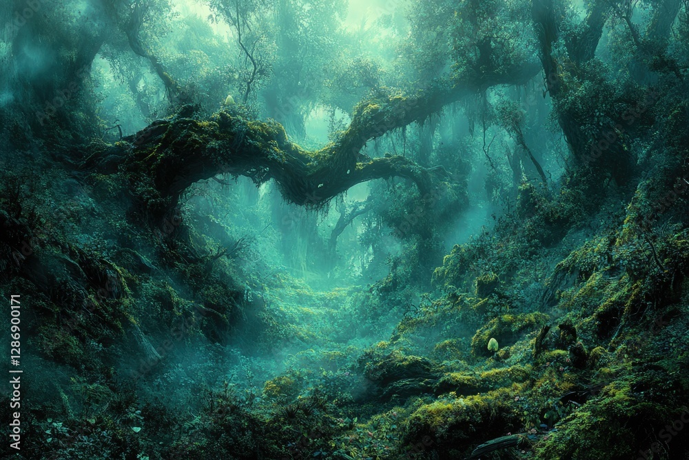 Poster Enchanted forest path shrouded in mist, moss-covered trees create a mystical atmosphere.