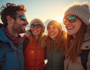 Young friends gather in a winter wonderland, sharing joyful moments and laughter under the bright sun. They sport cozy winter attire, highlighting their fun adventure. Generative AI