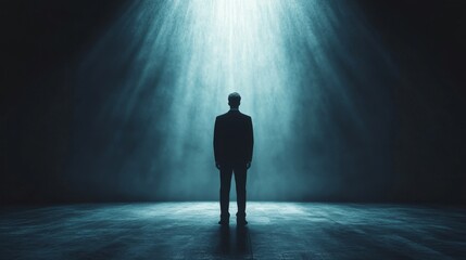 Obraz premium A man stands in a dark room with a spotlight shining on him