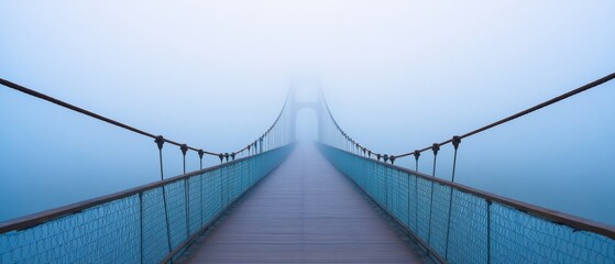 Obraz premium A fog-laden suspension bridge disappears into the mist, evoking a sense of mystery and wonder.
