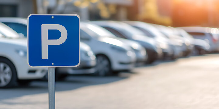 Parking area: Designated spot with a blue sign and white "P", indicating available parking for vehicles, with cars lined up in the background.