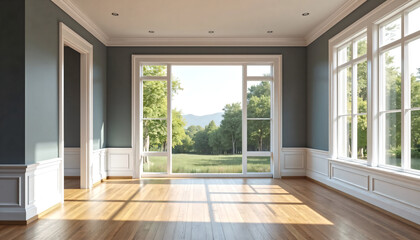 Obraz premium Sunlit Empty Room with Hardwood Floors Large Windows and Scenic View