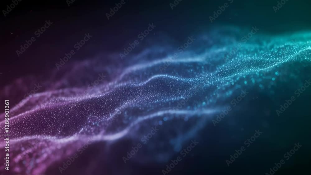 Poster flowing digital particles abstract background. futuristic technology wave concept. dynamic purple an