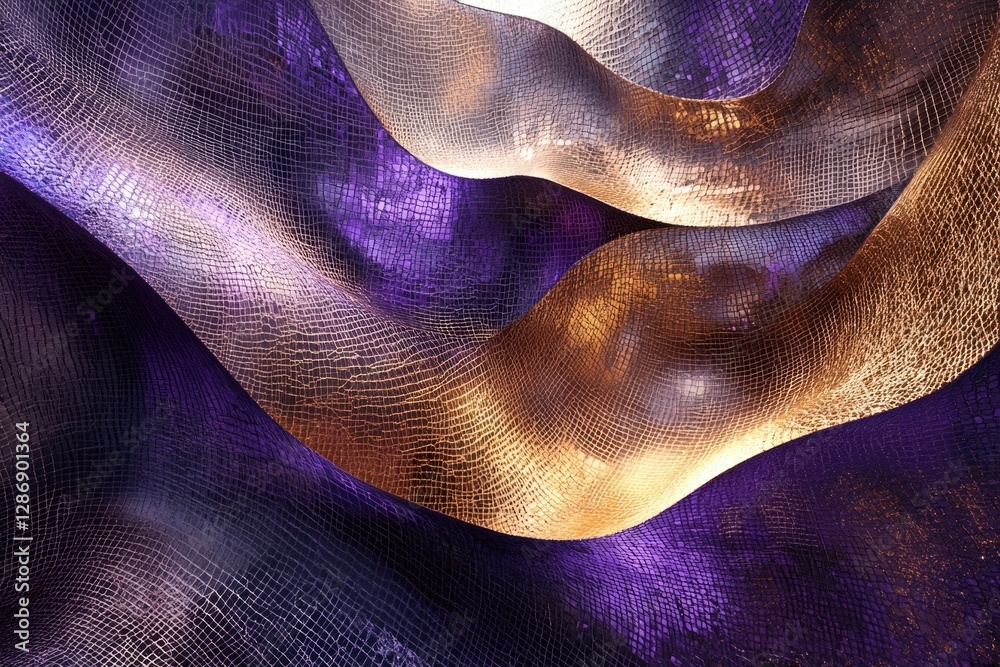 Aufkleber Abstract image of flowing purple and gold textured fabric, creating a luxurious and elegant visual.