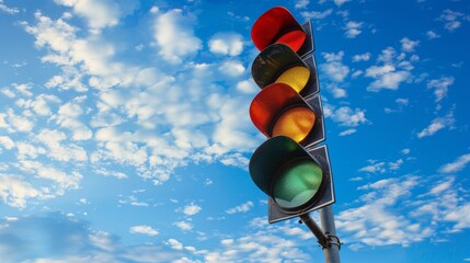 Red traffic light under blue sky symbolizes political coalition and compromise in decision making