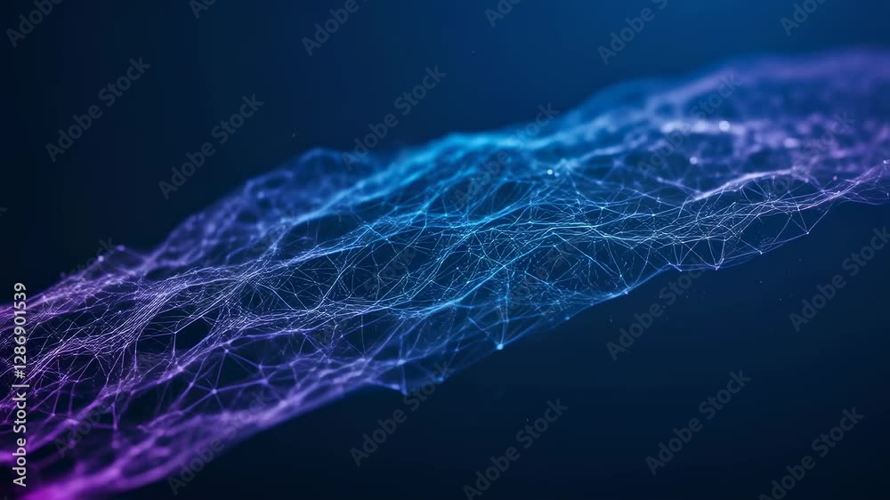 Poster Digital network waves abstract background. Futuristic technology concept with interconnected nodes. Artificial intelligence and machine learning visualization. Innovative data flow representation