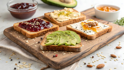 Different types of toast arranged on a rustic wooden cutting board, showcasing a variety of textures and toppings