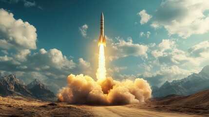Dramatic Rocket Launch from a Desert Landscape under Cloudy Skies