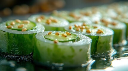 Fresh cucumber sushi rolls on dark surface with sesame seeds