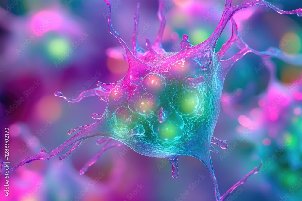 Poster microscopic view of a vibrant, irregular-shaped cell with numerous projections, possibly a dendritic