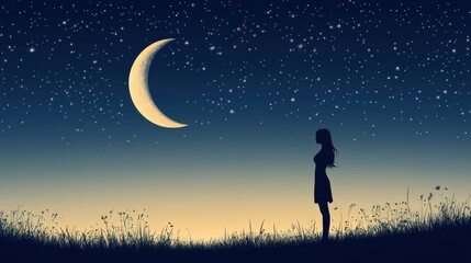 Obraz premium Honoring women's day in silhouette form with moon and stars with sparkles brightening the calm night sky behind a single female figure