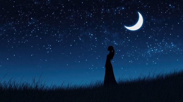 A photorealistic image of a single woman in silhouette against a calm night sky with a bright crescent moon and scattered sparkles of stars - Powered by Adobe