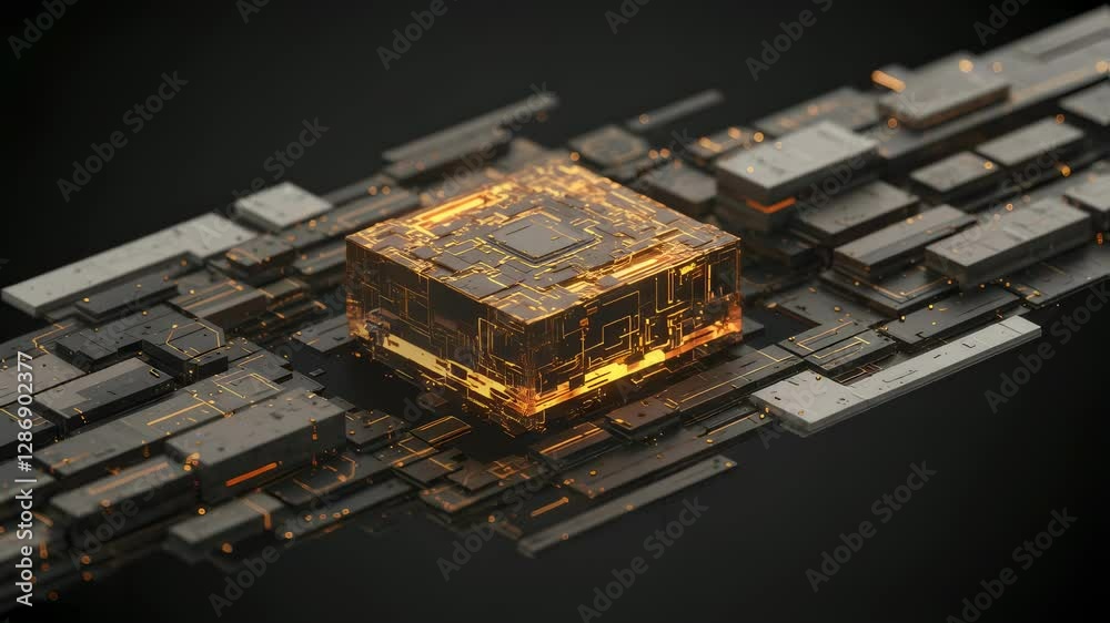 Poster Glowing golden cube on circuit board. Futuristic technology concept. Abstract 3D rendering of advanced computing chip. Digital innovation and artificial intelligence visualization