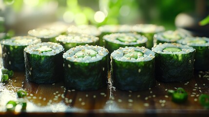 Fresh cucumber sushi rolls on wooden board, sunlight, blurred garden background