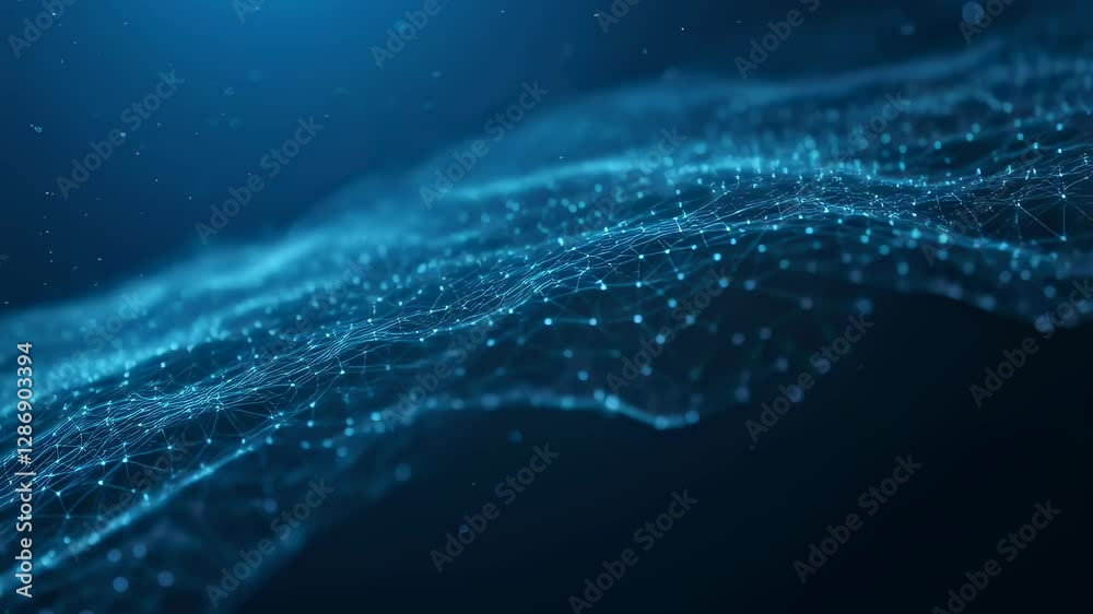 Poster Abstract blue network waves. Digital technology concept with connected dots and lines. Futuristic data visualization. Artificial intelligence and machine learning background