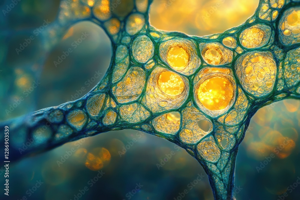Poster intricate network of interconnected cells, glowing with vibrant teal and gold hues, resembling a mic