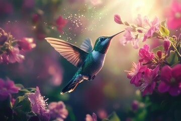 A hummingbird hovers near vibrant pink blossoms, bathed in warm sunlight, a scene of delicate beauty and natural harmony.