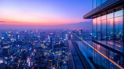 Contemporary smart office tower at dawn  sleek glass design with vibrant cityscape reflections