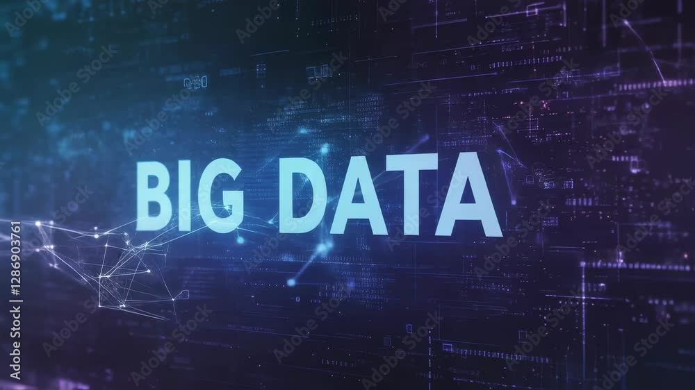 Poster Big data concept in futuristic digital space. Abstract technology background with glowing text and network connections. Information analysis and data processing visualization