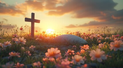 Joyful Easter Sunrise: Celebrating Resurrection with Family and Friends. A heartwarming image depicting a family's Easter morning celebration, filled