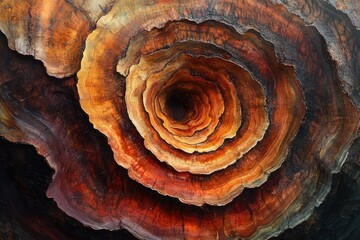 Intricate concentric rings of a tree fungus, showcasing vibrant earthy tones and textures.