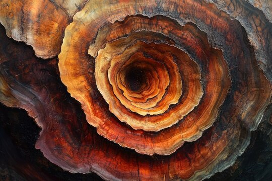Intricate concentric rings of a tree fungus, showcasing vibrant earthy tones and textures.