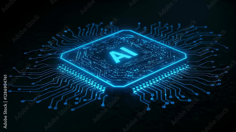 Poster Glowing ai chip with circuit paths. Futuristic technology concept. Advanced computing and machine learning. Digital innovation and artificial intelligence development.