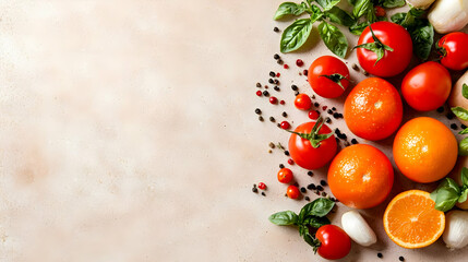 Fresh tomatoes, oranges, basil, and peppercorns on a textured background, ideal for food blogs or recipes