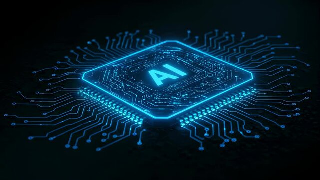 Glowing ai chip with circuit paths. Futuristic technology concept. Advanced computing and machine learning. Digital innovation and artificial intelligence development.