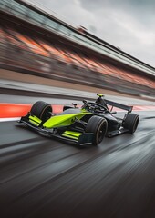 Une voiture de Formule 2 noire et vert sur la piste, avec un flou de mouvement symbolisant une vitesse &eacute;lev&eacute;e durant une course.