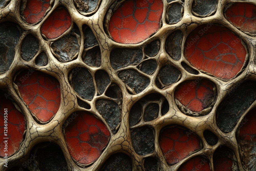 Aufkleber abstract image of a network of bone-like structures enclosing red, cracked areas, resembling a compl