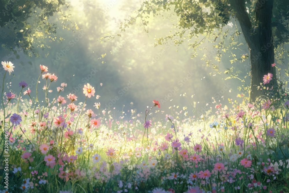 Poster sunlit meadow brimming with wildflowers, creating a serene and enchanting scene.
